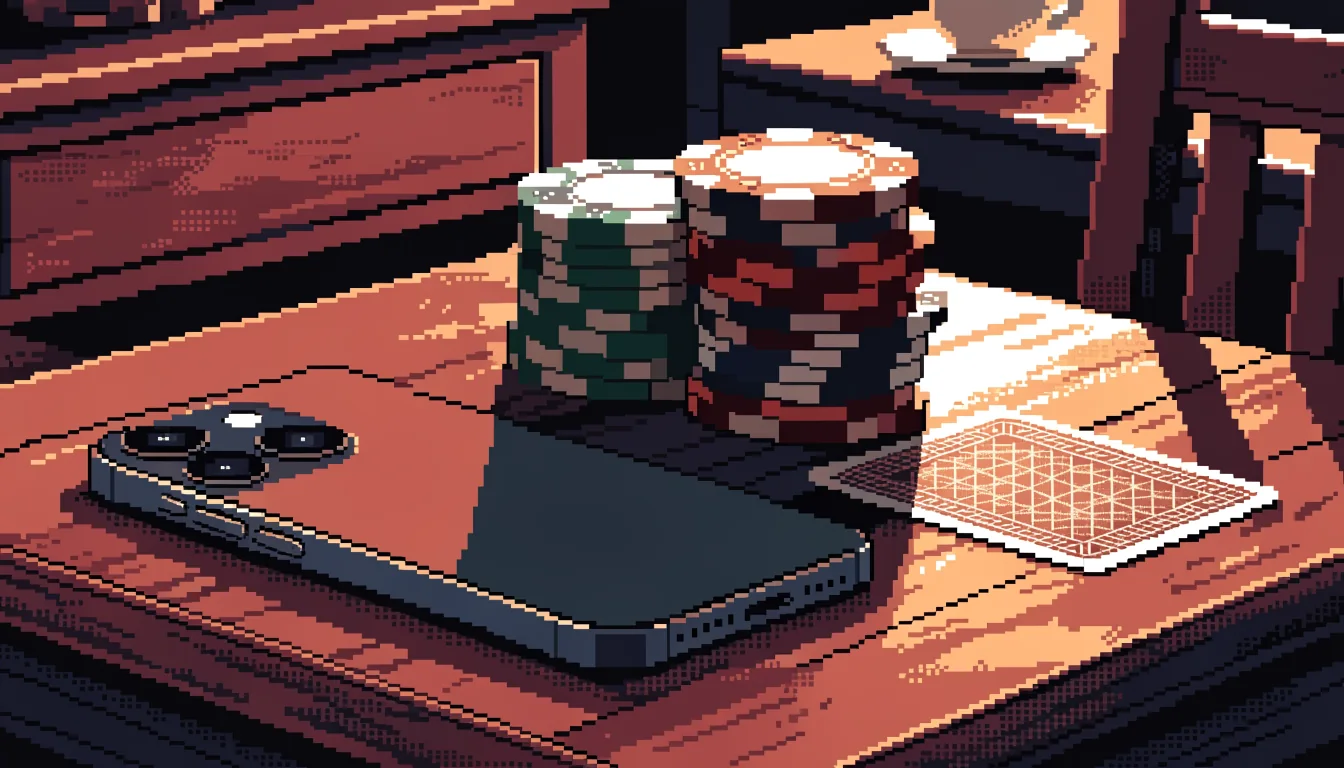 Smartphone mit Bildschirm nach unten auf Tisch neben Casino-Chips und Spielkarte