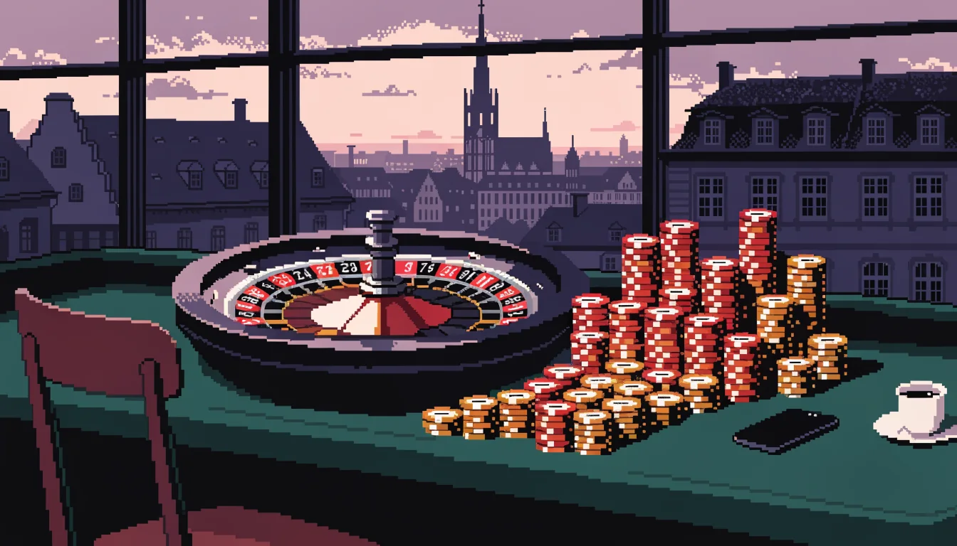 Stilvolle Casino-Lounge mit Rouletterad, Chips und deutschem Stadtblick