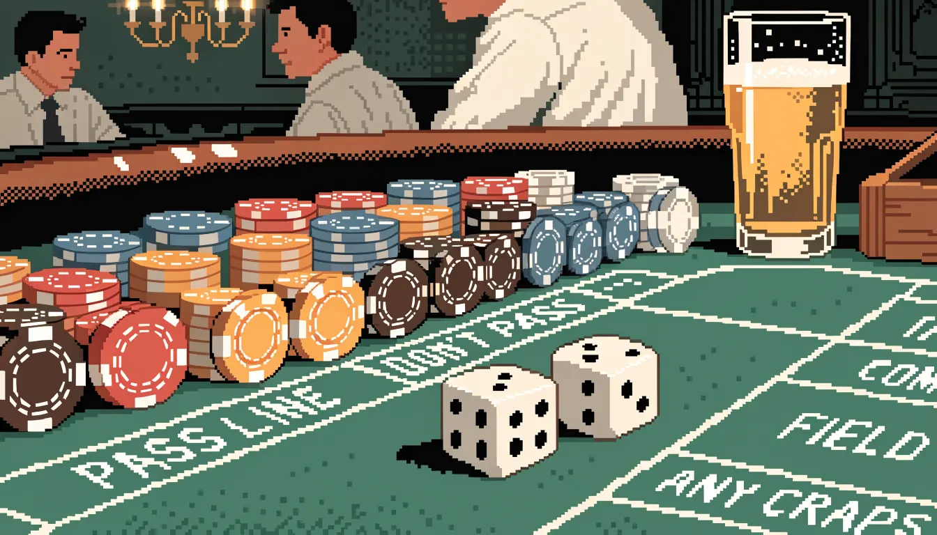 Grüner Craps-Tisch mit Würfeln, Spielchips und Bierglas im eleganten Casino