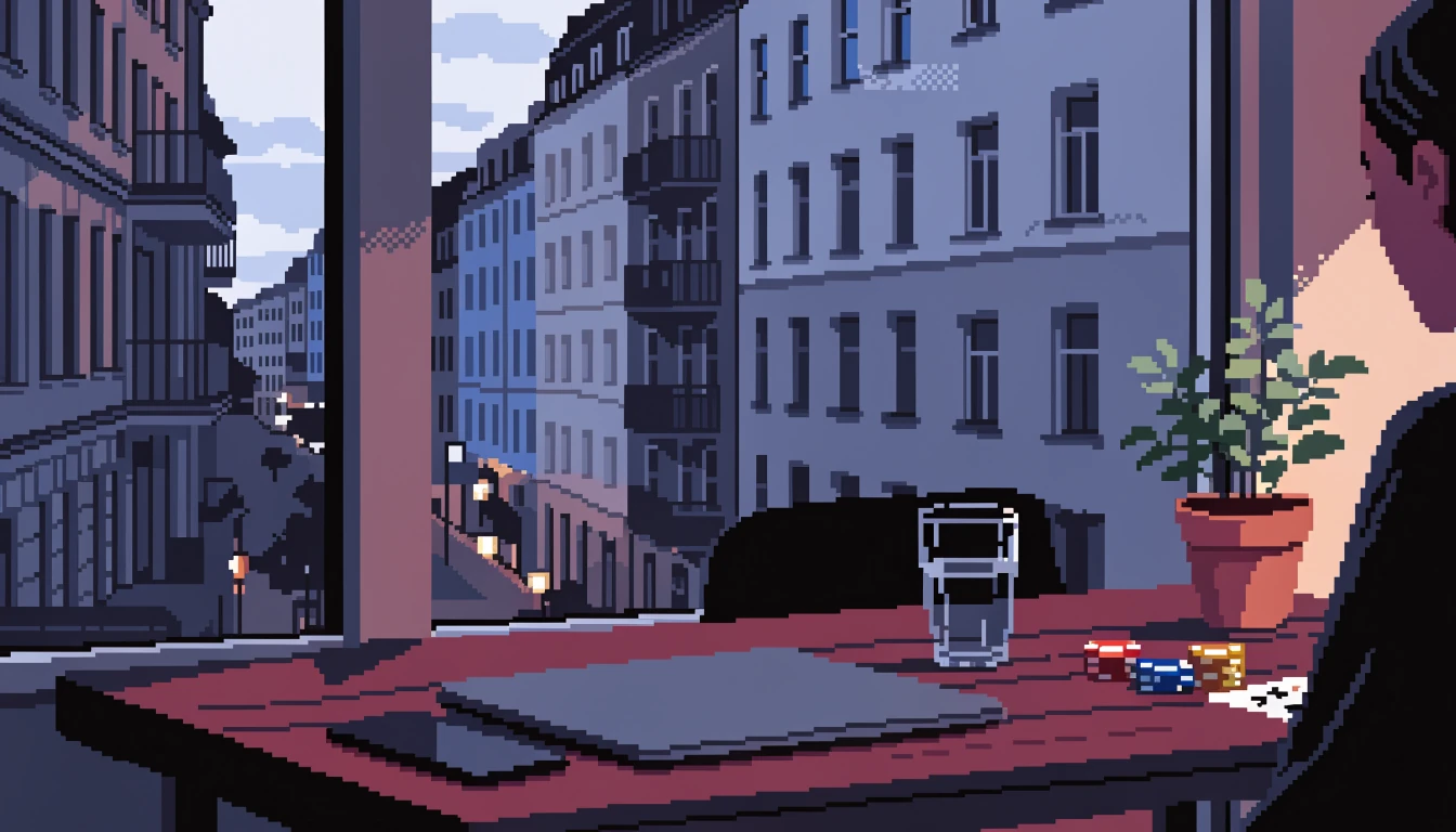 Abendlicher Blick auf einen Tisch mit Laptop, Smartphone und Casino-Chips in einer Berliner Wohnung