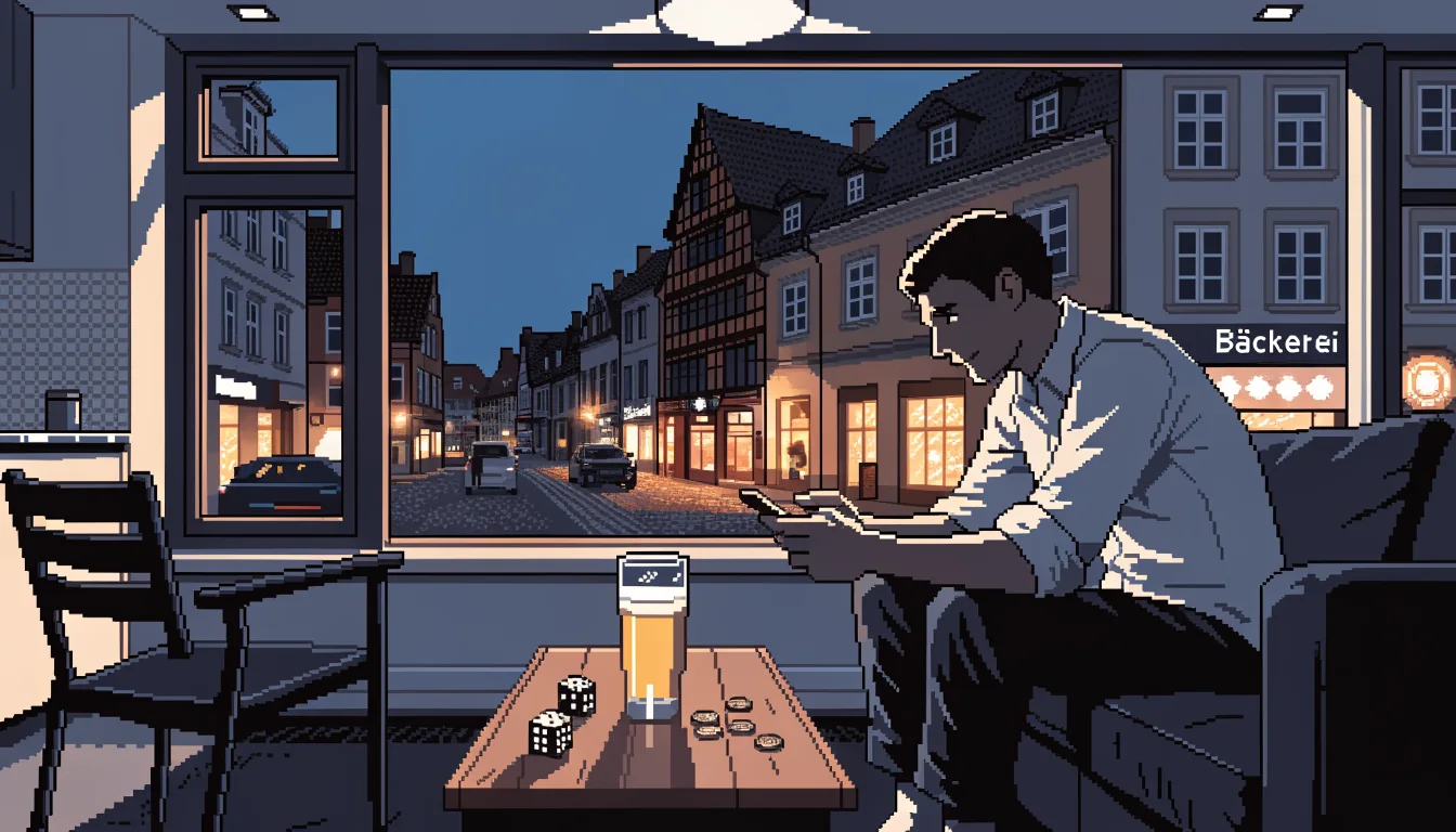 Mann mit Smartphone in deutscher Wohnung am Abend