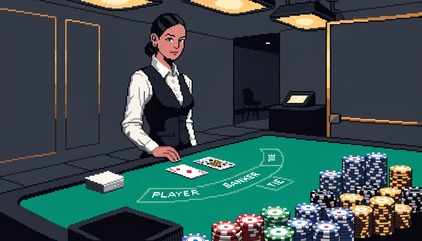 Elegantes Live-Baccarat-Studio mit Spieltisch, Chips und Dealer