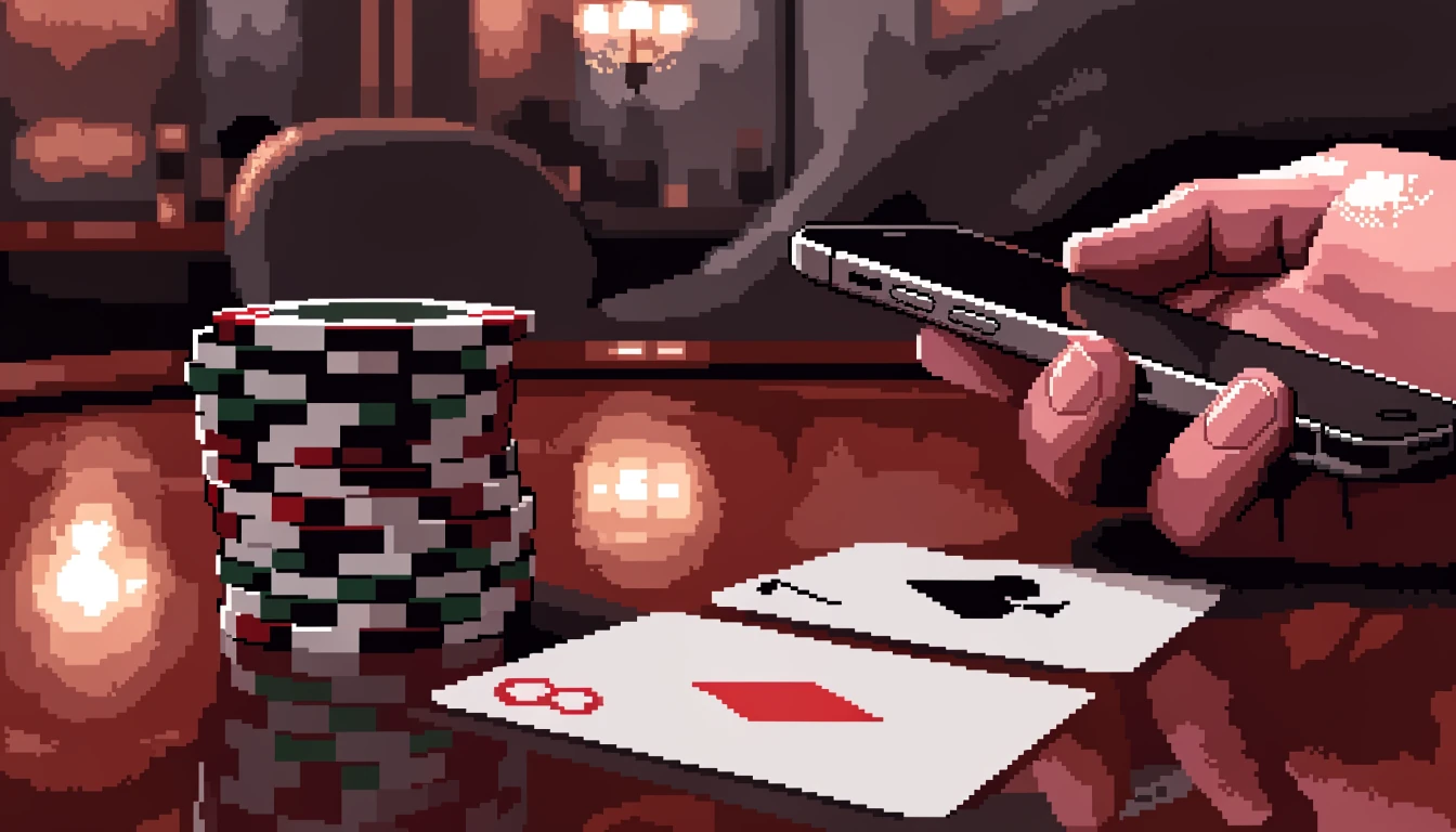 Smartphone über Spieltisch mit Pokerchips und Spielkarten, kontaktlose Bezahlung im Casino