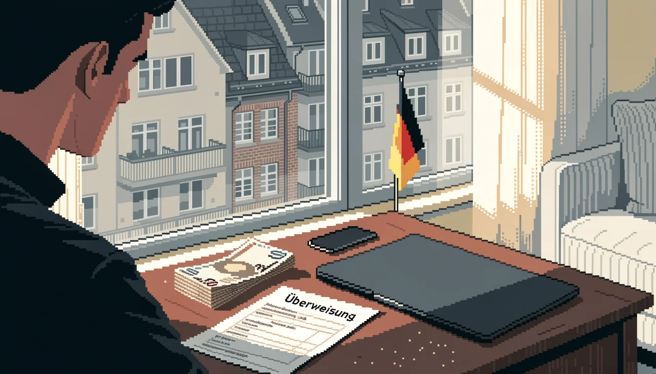 Deutscher Mann am Schreibtisch mit Überweisungsformular und Euro-Scheinen
