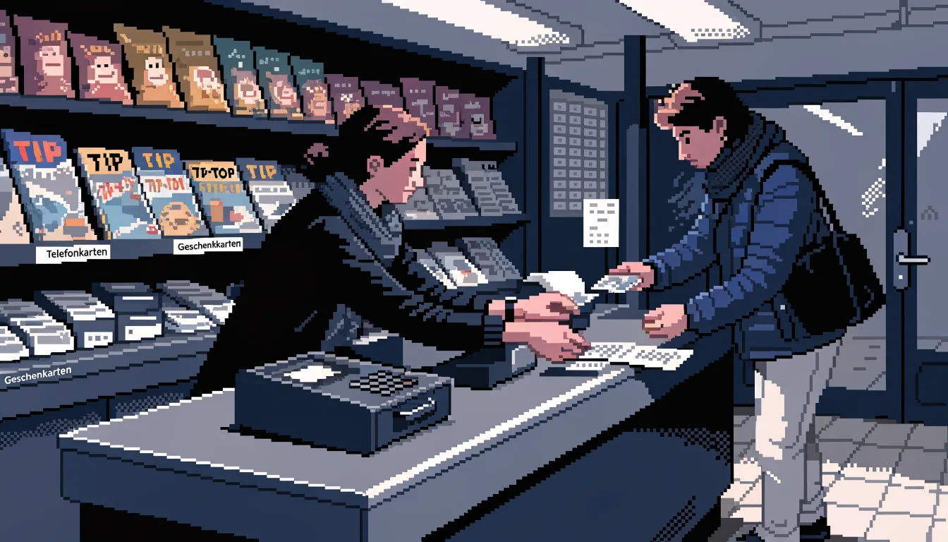 Kunde kauft CashtoCode-Gutschein an der Kasse eines deutschen Kiosks mit Bargeld