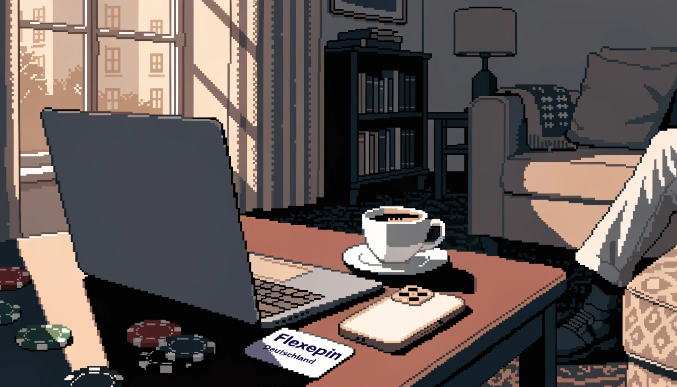 Laptop mit Flexepin-Gutschein und Casino-Chips auf einem Couchtisch