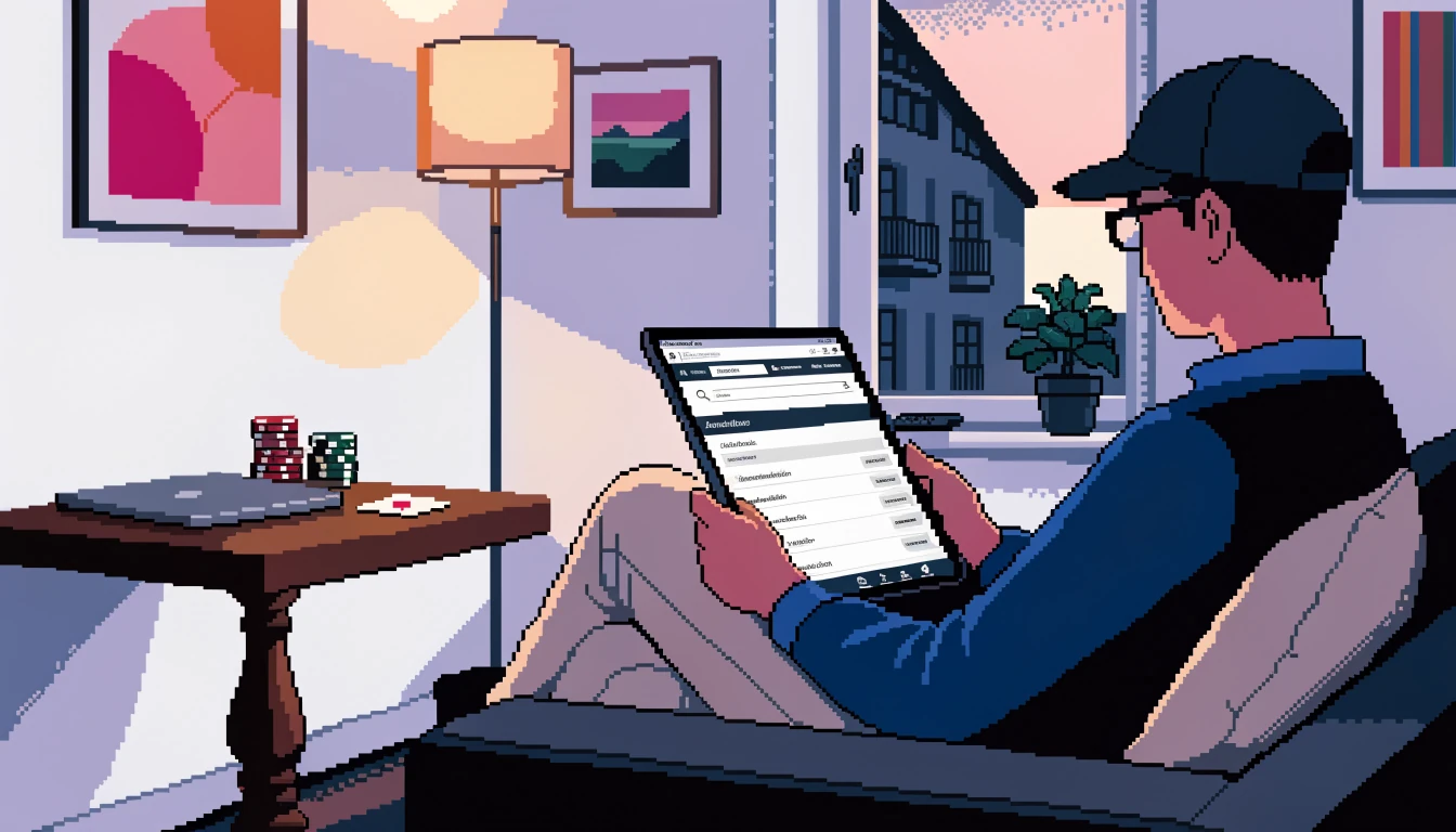 Gemütliches deutsches Wohnzimmer in der Abenddämmerung, Person mit Tablet und Spielchips auf dem Tisch