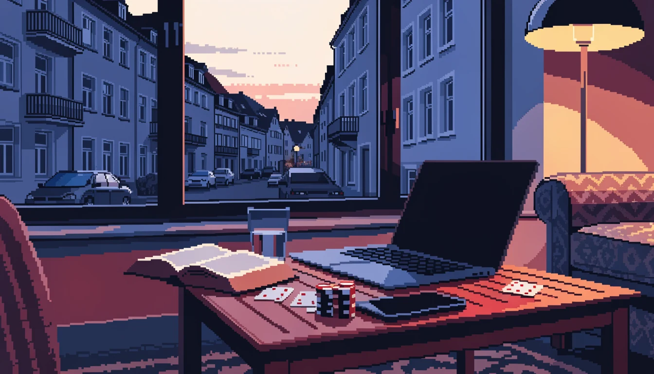 Modernes deutsches Wohnzimmer am Abend mit Laptop, Spielchips und Karten auf dem Tisch