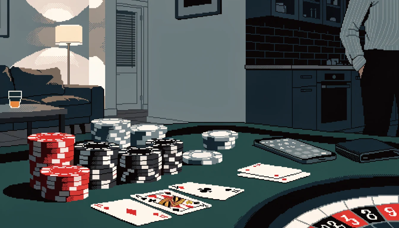 Casino-Chips, Spielkarten und Smartphone auf einem Filztisch in einer modernen deutschen Wohnung