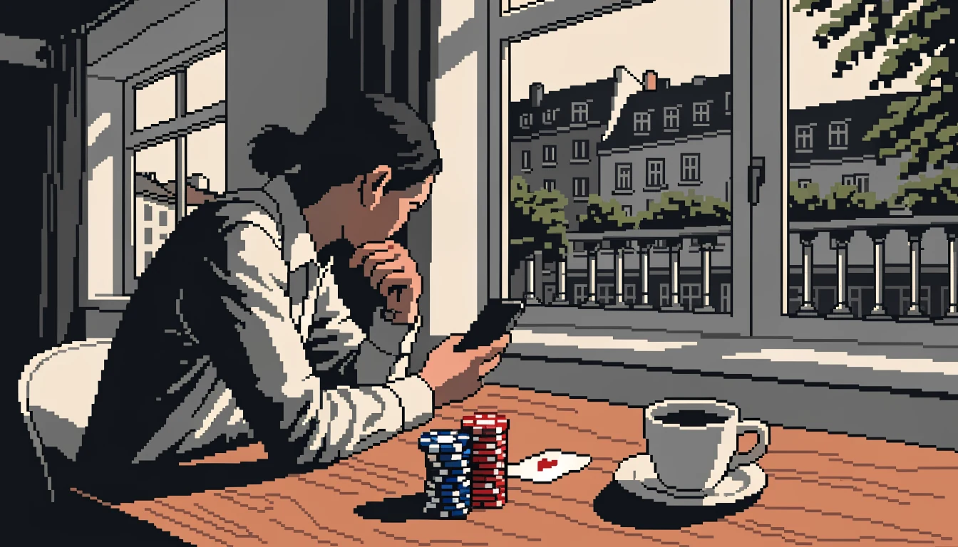 Spieler mit Smartphone, Casino-Chips und Spielkarte auf Holztisch in deutscher Wohnung