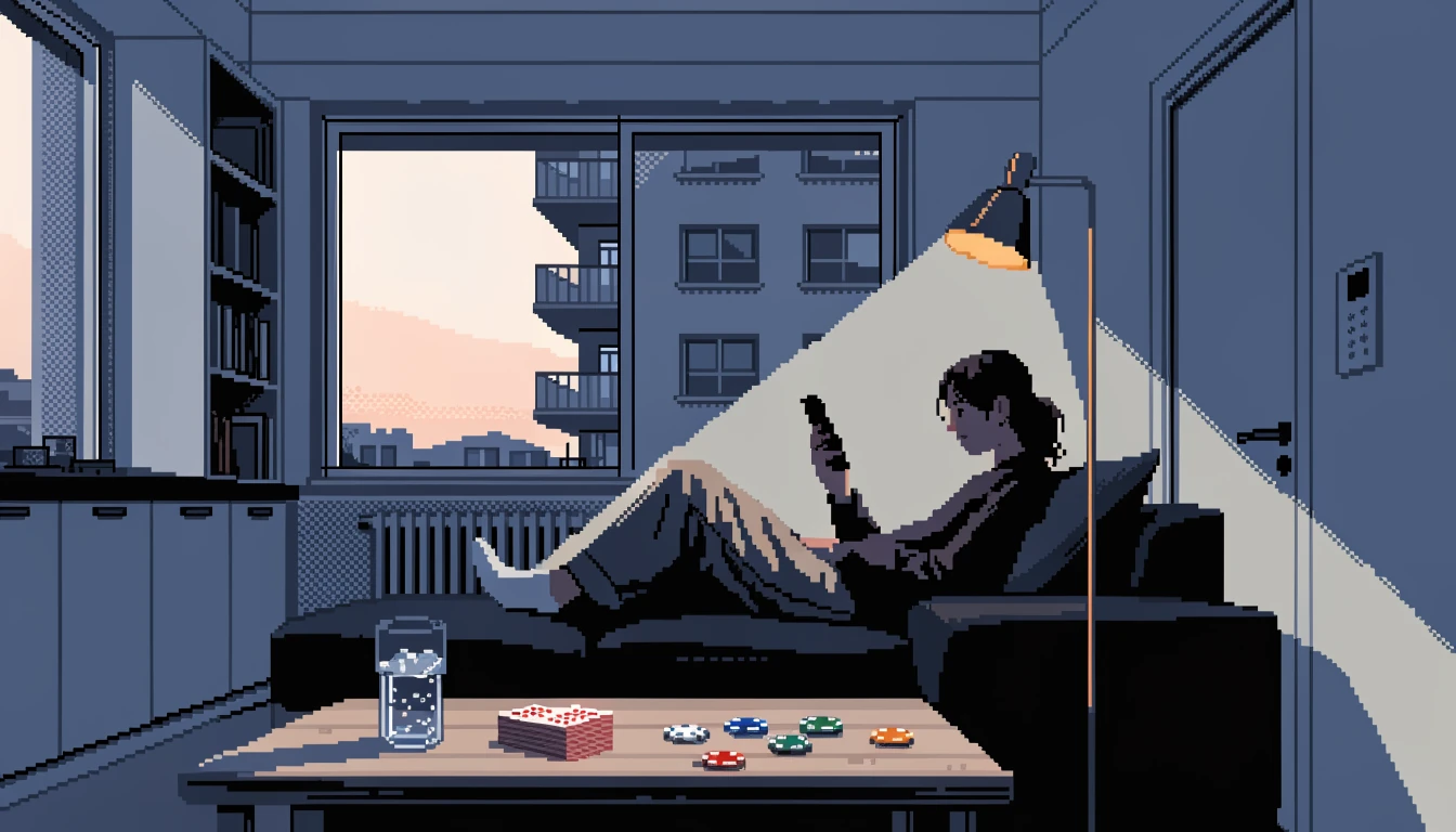 Person auf dem Sofa mit Smartphone, Casino-Chips und Spielkarten auf dem Tisch in gemütlicher Wohnung.