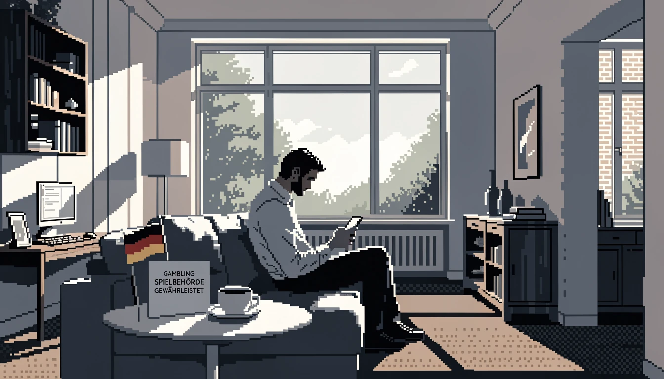 Mann mit Smartphone in modernem deutschen Wohnzimmer neben Glücksspiellizenz und kleiner Deutschlandflagge