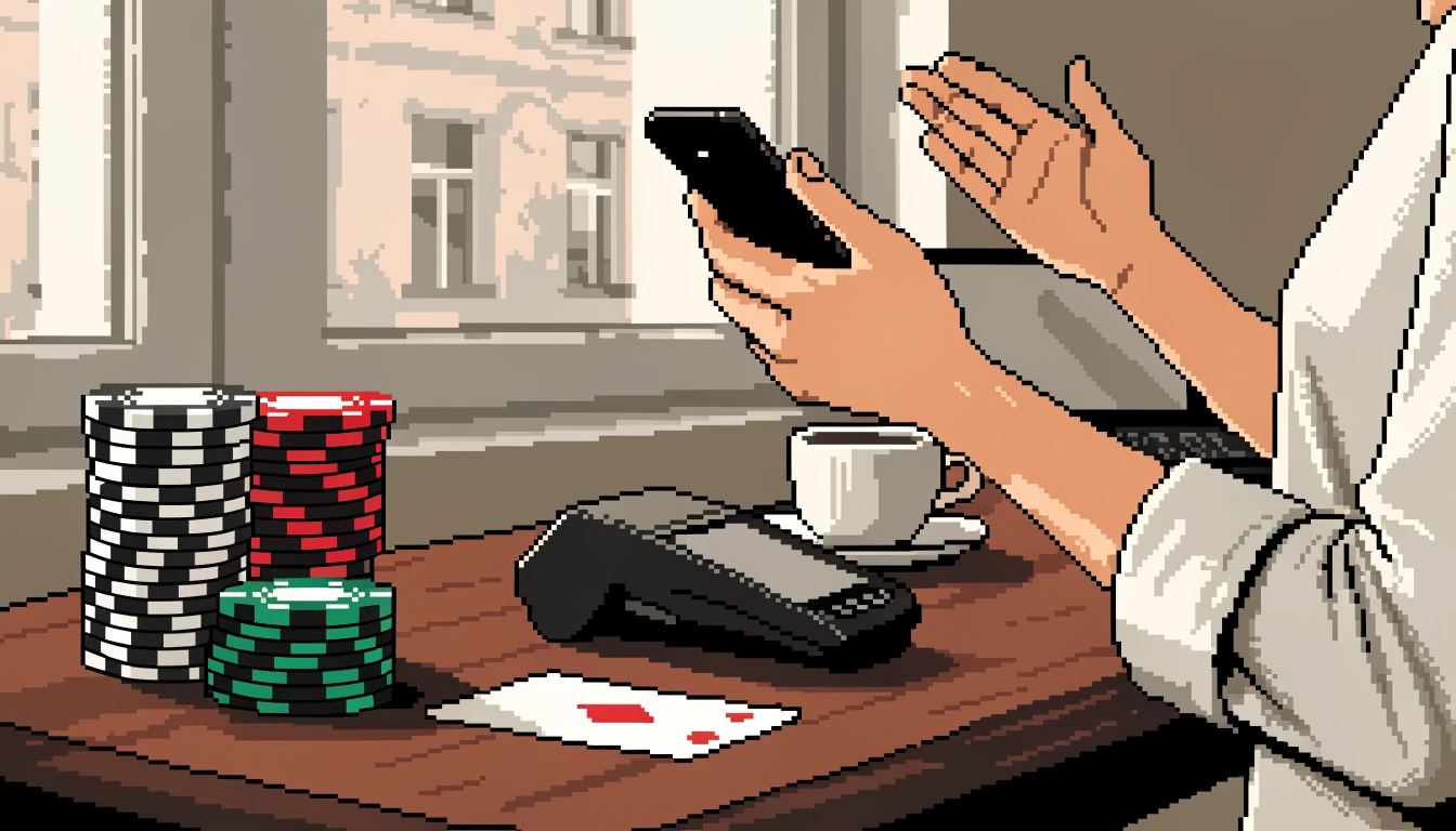 Person zahlt kontaktlos mit Smartphone am Tisch mit Casino-Chips