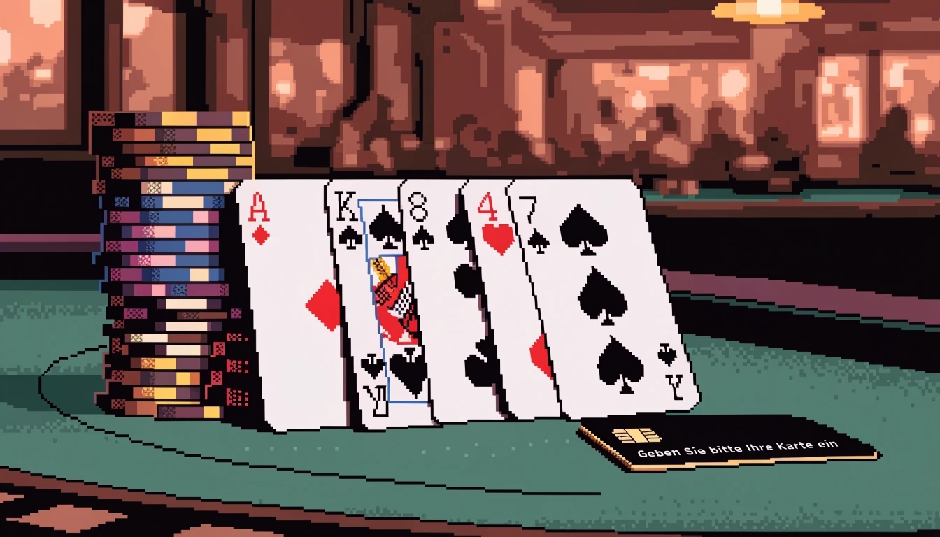 Grüner Spieltisch mit Spielkarten, Casino-Chips und Kreditkarte unter warmer Pendelleuchte
