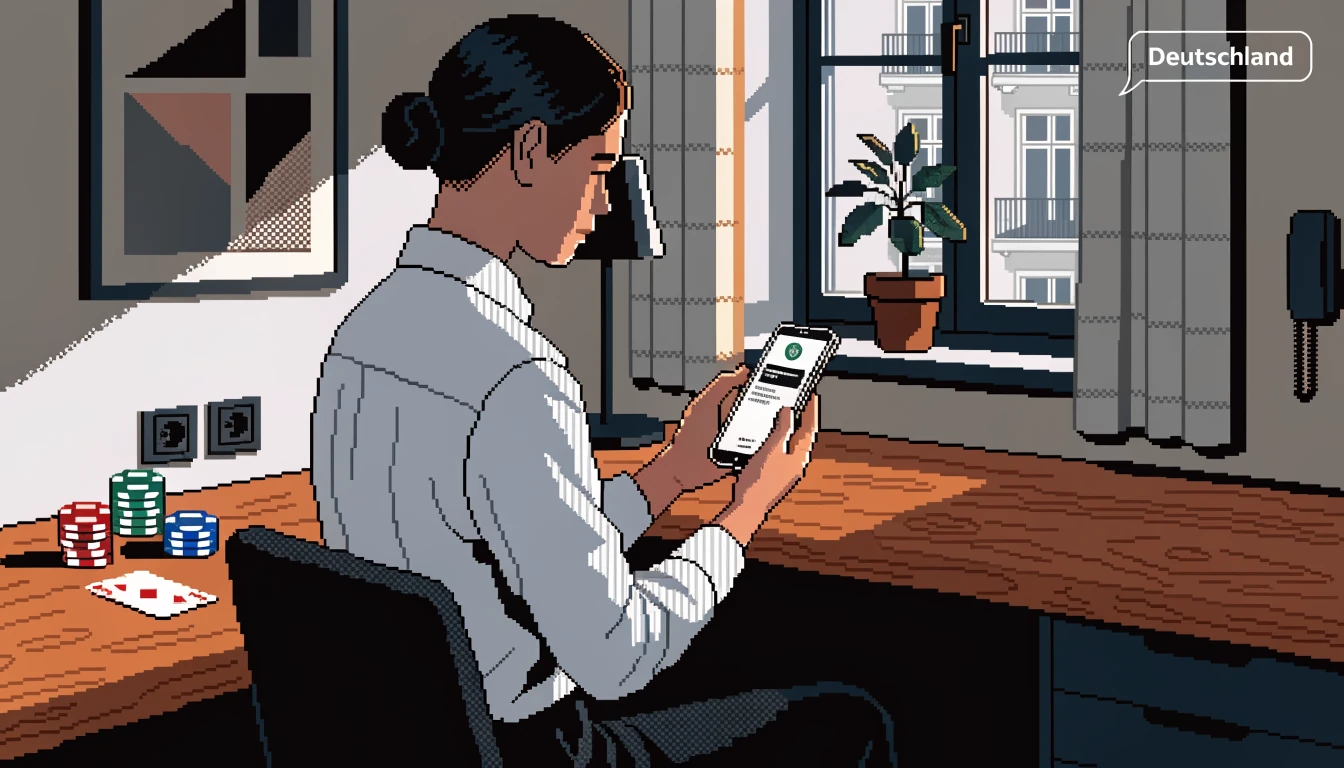 Person am Schreibtisch mit Smartphone, Casino-Chips und Spielkarte bei einer Online-Zahlung.