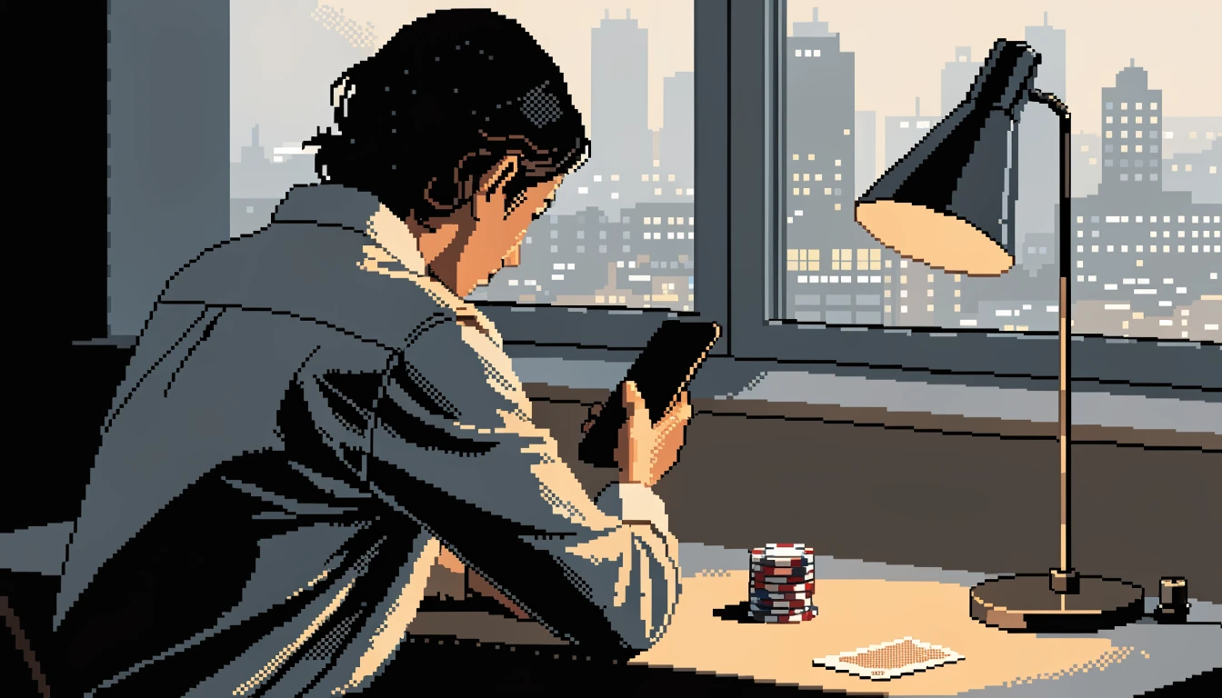 Person mit Smartphone an Schreibtisch mit Casino-Chips und Spielkarte in moderner Wohnung.