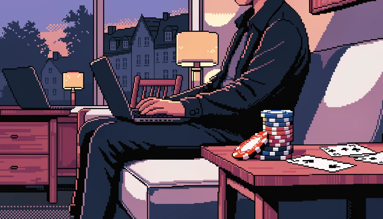 Abendliche Szene in einem deutschen Wohnzimmer mit Laptop, Pokerchips und Spielkarten auf dem Beistelltisch.