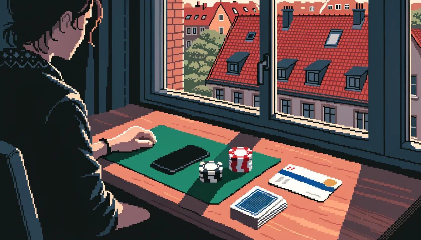 Junge Person am Schreibtisch mit Spielchips und Bankkarte in deutscher Wohnung
