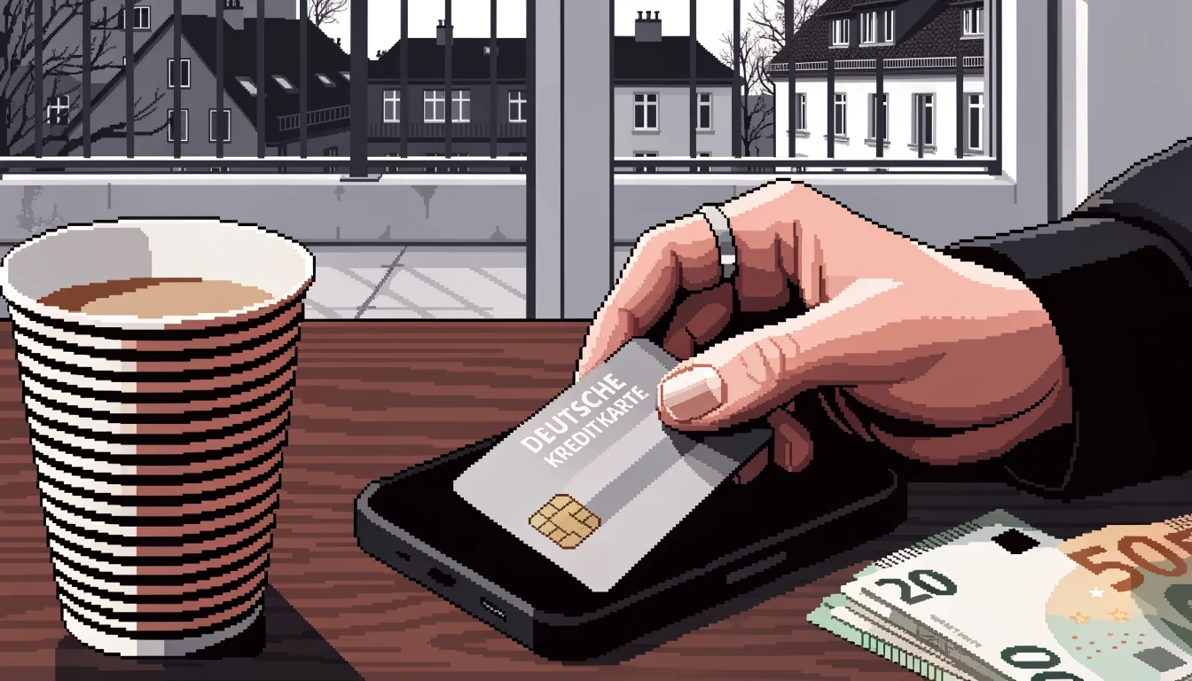Hand mit deutscher Bankkarte über Smartphone auf Holztisch mit Euro-Scheinen