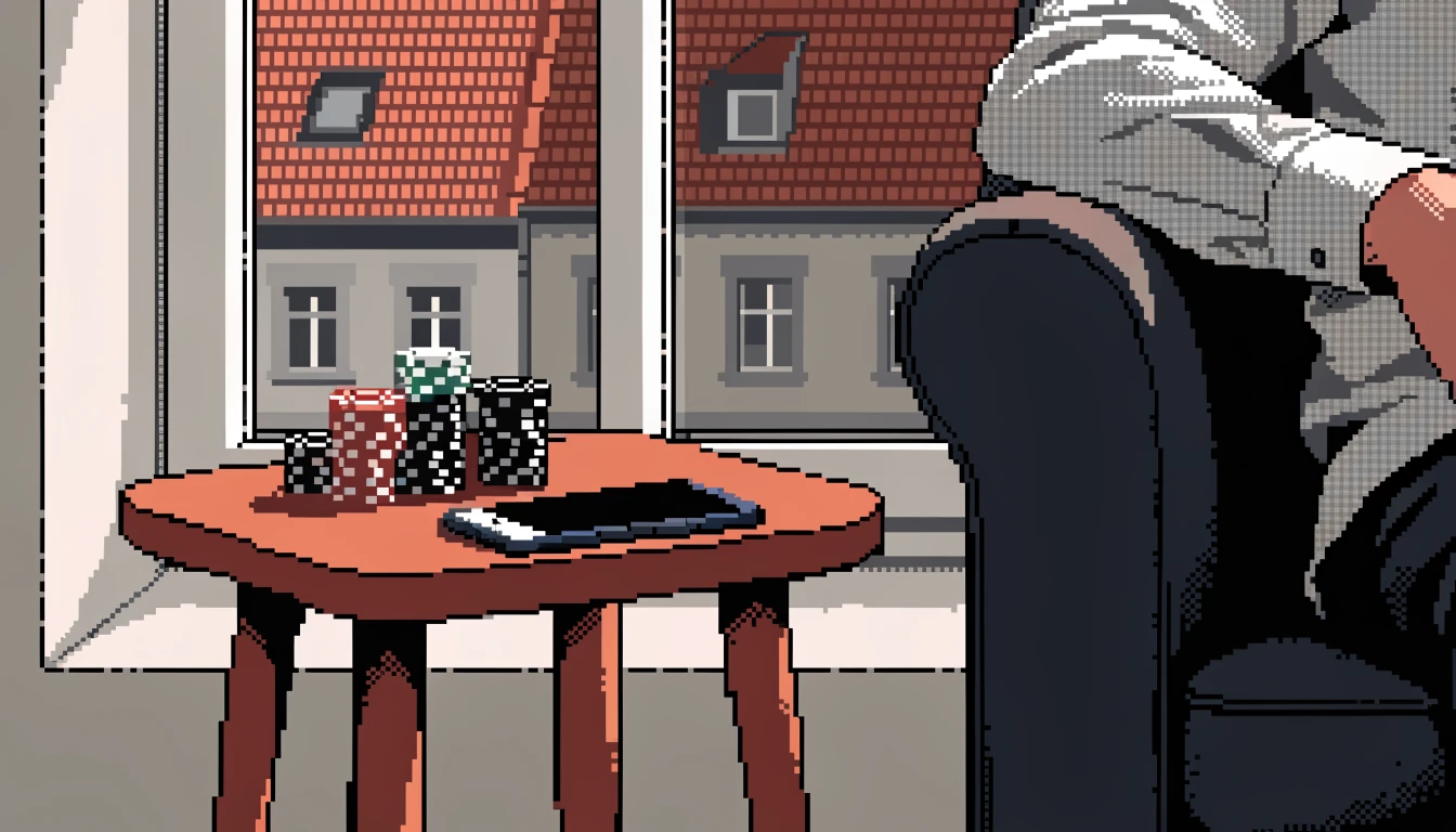 Deutsches Wohnzimmer mit Casino-Chips auf dem Tisch bei Tageslicht.
