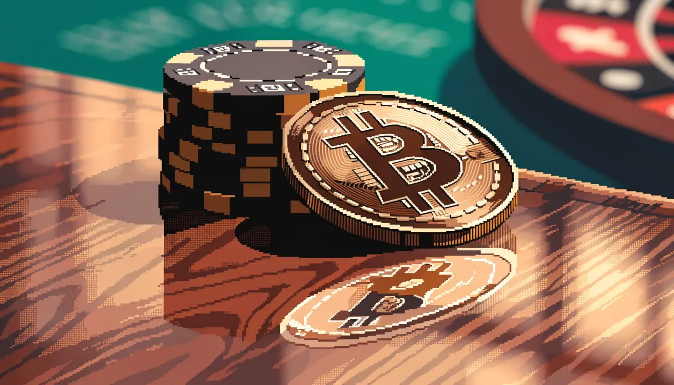 Bitcoin-Cash-Münze auf Spieltisch neben Poker-Chips und Roulette