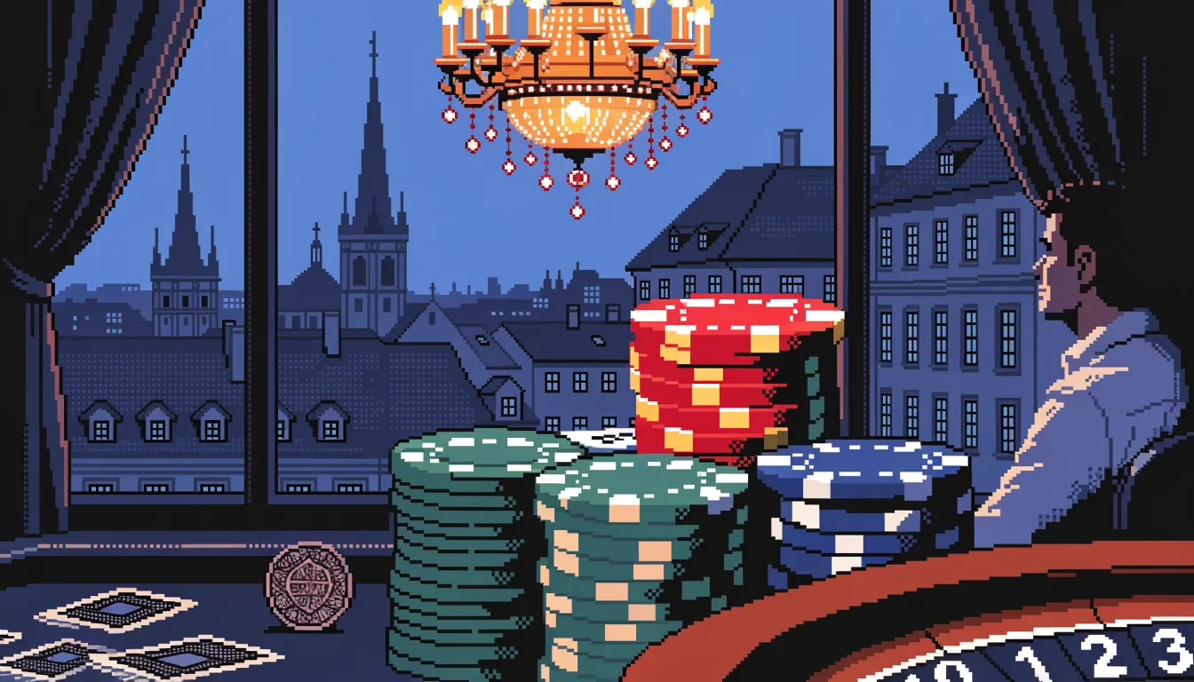 Casino-Tisch mit Pokerchips, Spielkarten, Kryptomünze und europäischer Altstadtsilhouette im Hintergrund.
