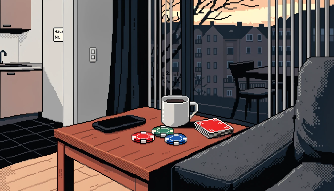 Abendliche Wohnzimmerszene mit Smartphone, Casino-Chips und Spielkarten auf einem Couchtisch.