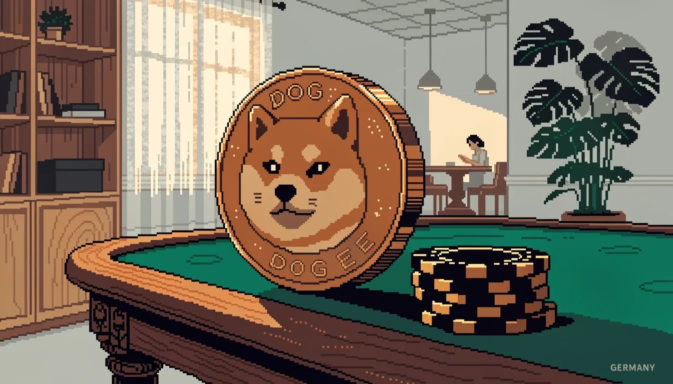 Eine goldfarbene Dogecoin-Münze auf einem grünen Spieltisch mit Casino-Chips in einer modernen deutschen Wohnung.