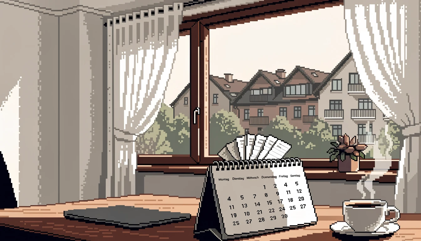 Wohnzimmer mit Schreibtischkalender, Kaffeetasse und Tageslicht aus dem Fenster.
