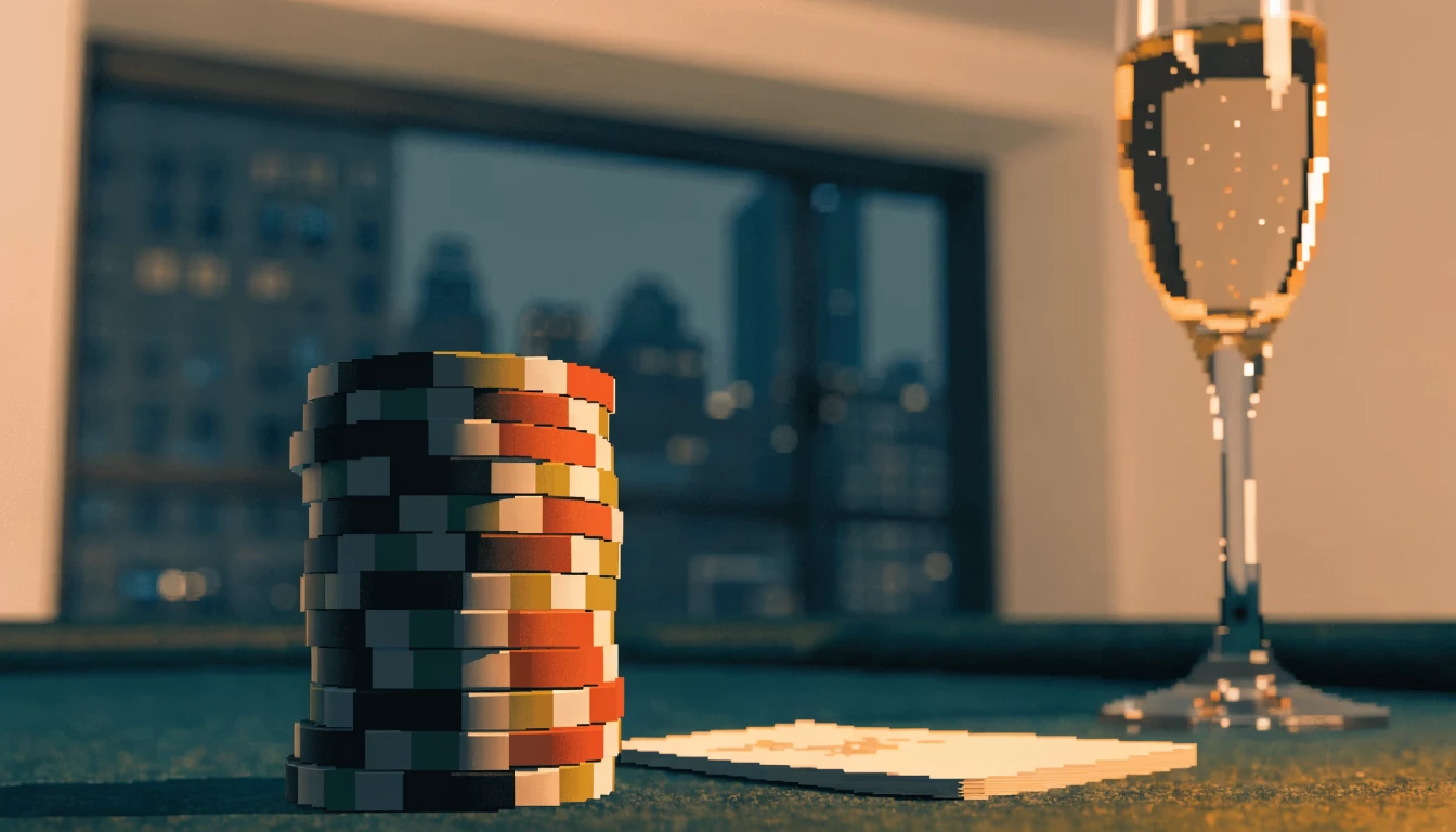 Nahaufnahme eines Casino-Tisches mit Chips, einer verdeckten Spielkarte und einem Champagnerglas bei warmem Abendlicht.