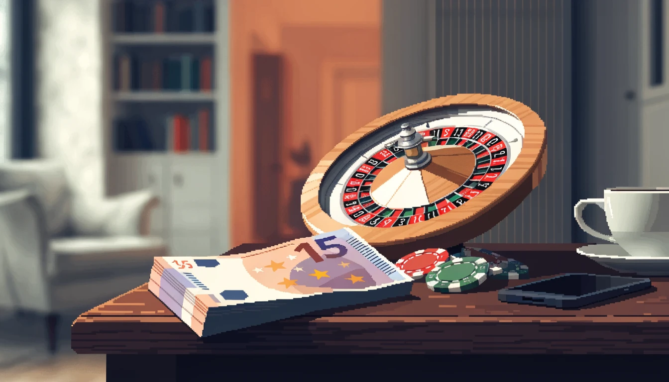Stapel Euro-Banknoten mit 15-Euro-Schein neben Roulettekessel und Spielchips auf einem Schreibtisch