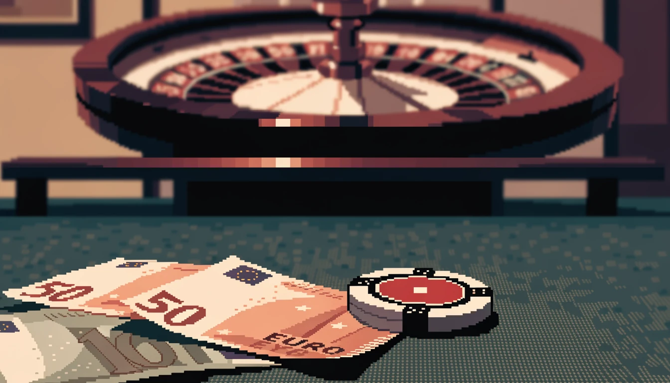 Euro-Banknoten und Casino-Chip auf grünem Filz-Tisch vor Roulette