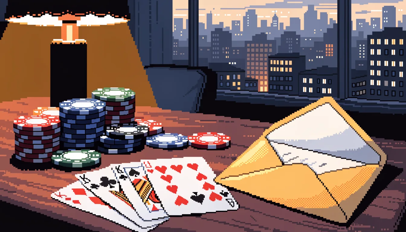Pokerchips, Spielkarten und goldener Umschlag auf einem Casino-Tisch, warmes Licht.