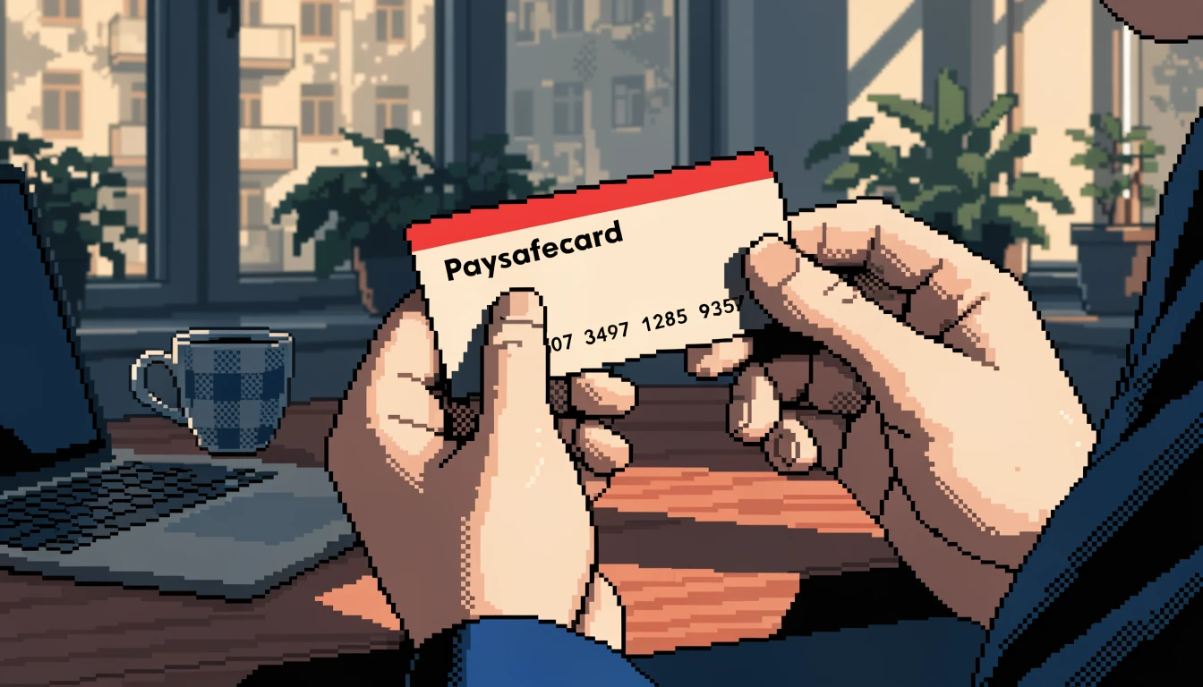Hände halten einen Paysafecard-Gutschein mit sichtbarem Code am heimischen Schreibtisch