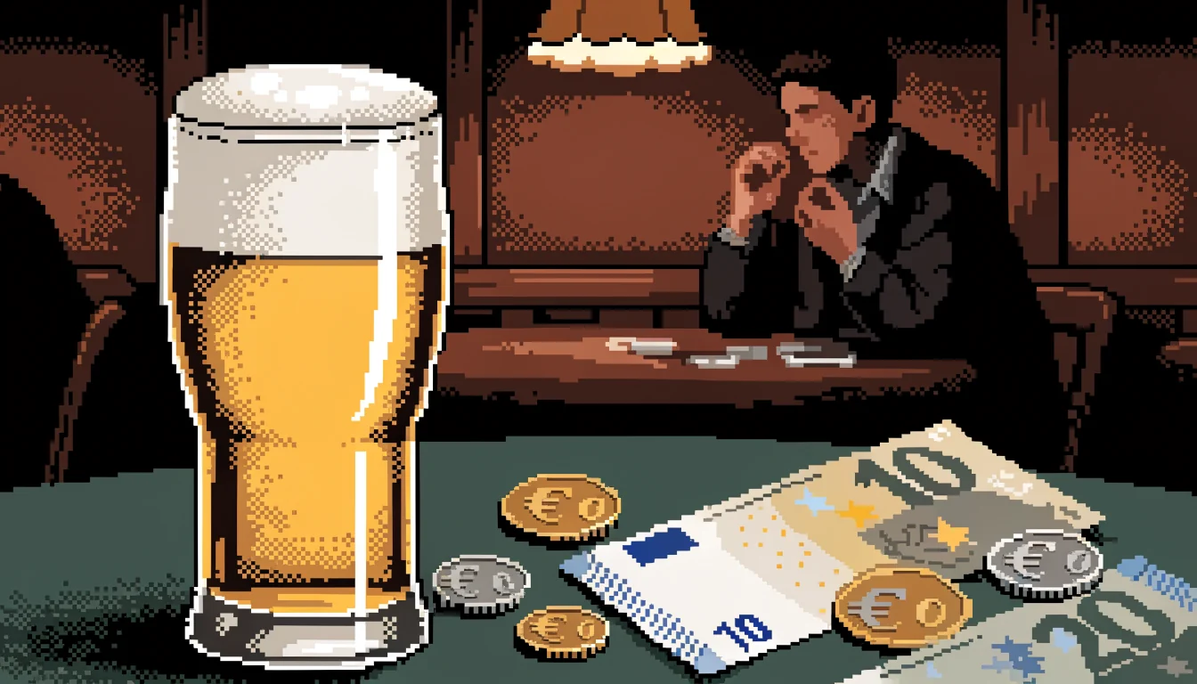 Euro-Geld auf grünem Filz mit Bierglas in bayerischer Gaststube.