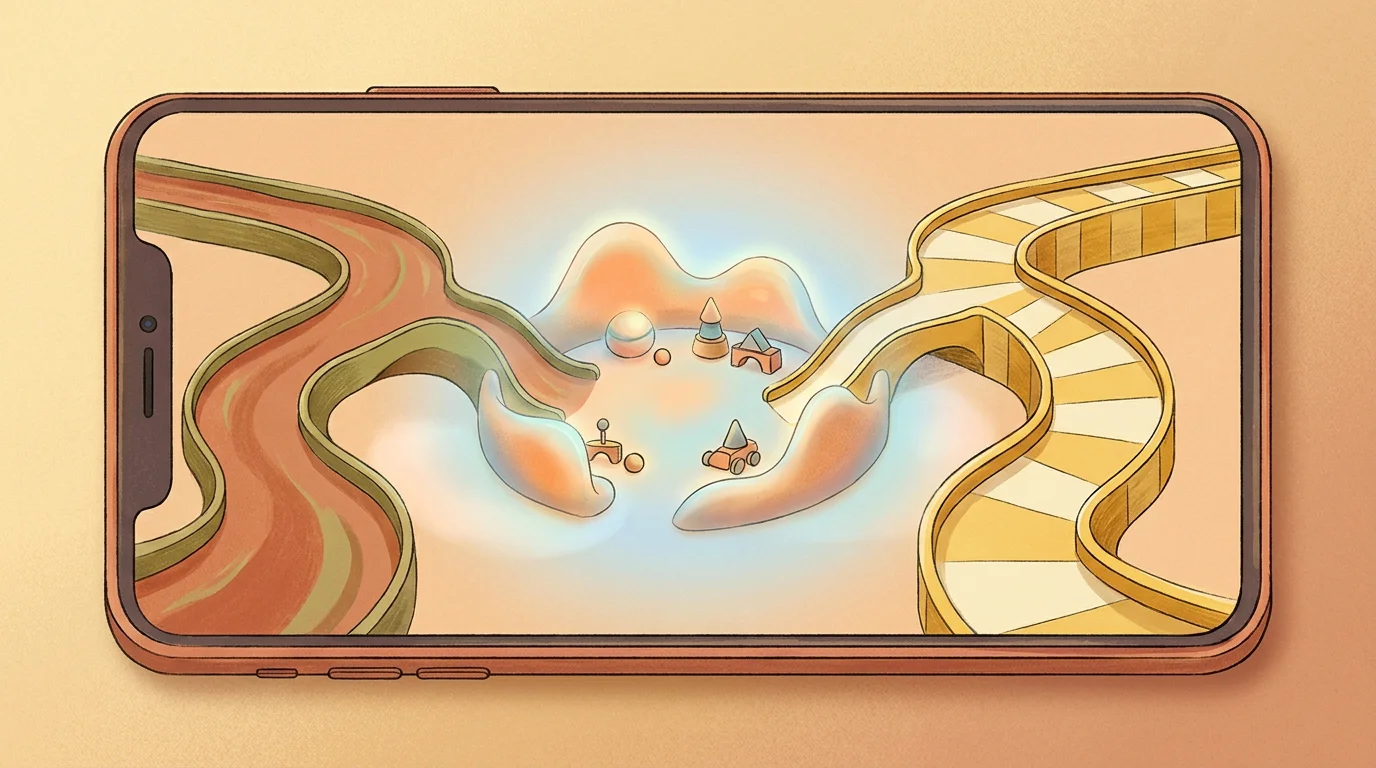 Konzeptbild: ein Smartphone, auf dem zwei Wege — für zwei verschiedene Betriebssysteme — zu ein und demselben ruhigen Spielbereich zusammenlaufen, warme geordnete Farben, keine Schrift, keine Logos, editorialer Stil