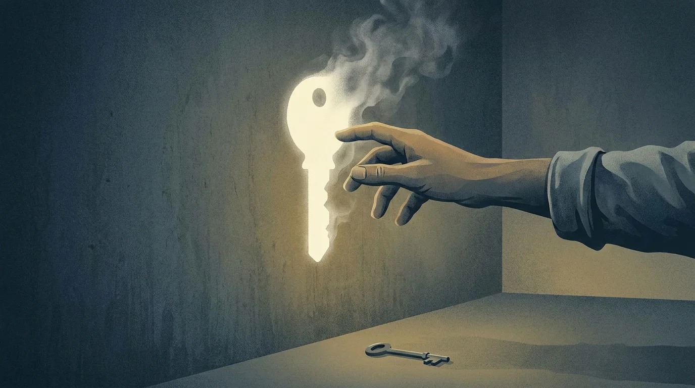 Konzeptbild: eine Hand, die nach einem trügerischen Schlüssel greift, der sich bei näherem Hinsehen als bloßer Schatten erweist, ruhige, leicht ernüchternde Farbstimmung, keine Schrift, keine Logos, editorialer Stil