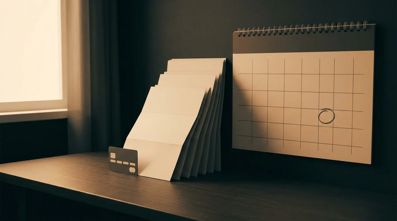Ein Kalender mit einem markierten späteren Zahltag und eine wachsende Rechnung als Sinnbild für den Schulden-Charakter beim Spielen auf Pump.