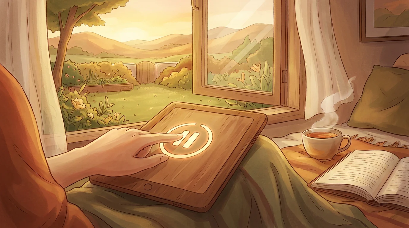 Illustration: eine Hand betätigt einen ruhigen Pausenknopf, im Hintergrund öffnet sich ein Fenster mit Tageslicht, warme, beruhigende Farben