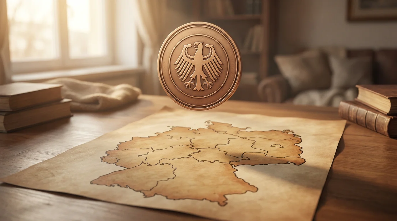Ruhiges Konzeptbild: eine Landkarte Deutschlands, über der ein einheitliches offizielles Siegel schwebt, warmes Licht, klare Stimmung, Format 1200x630, keine Schrift, keine Logos