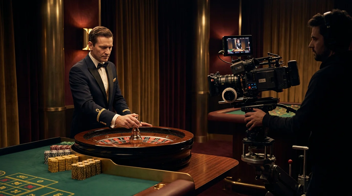 Ein Live-Roulette-Tisch mit einem Croupier, der die Kugel wirft, per Kamera in Echtzeit übertragen