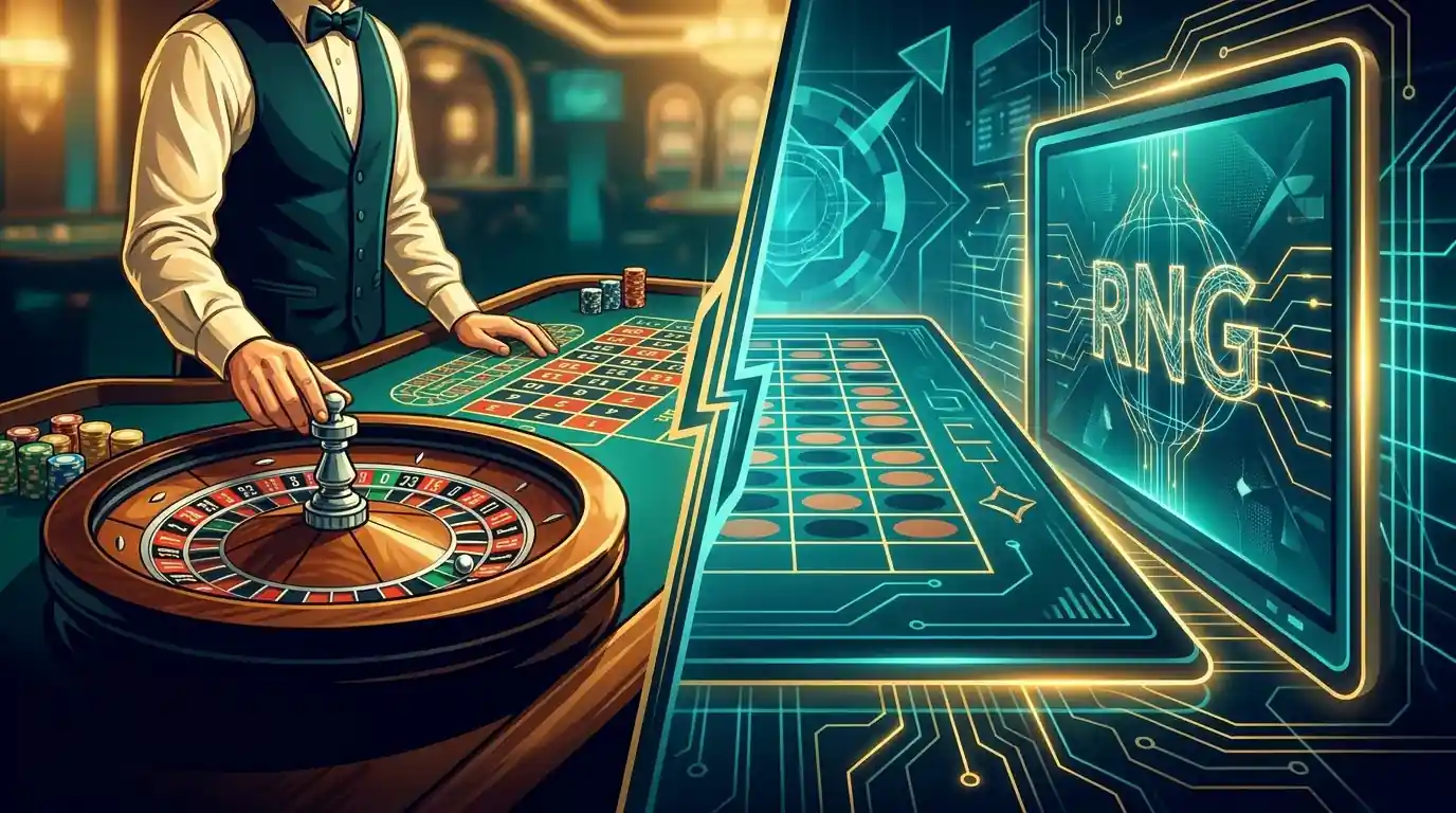 Vergleich eines Live-Roulette-Tischs mit echtem Croupier und einer digitalen, vom Zufallsgenerator gesteuerten Roulette-Version
