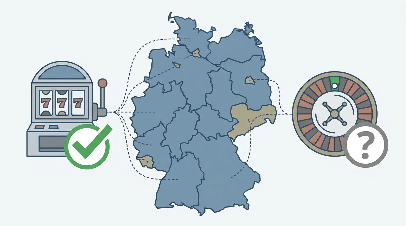 Eine Deutschlandkarte, auf der Automatenspiele erlaubt sind und Live-Tische mit einem Fragezeichen markiert sind