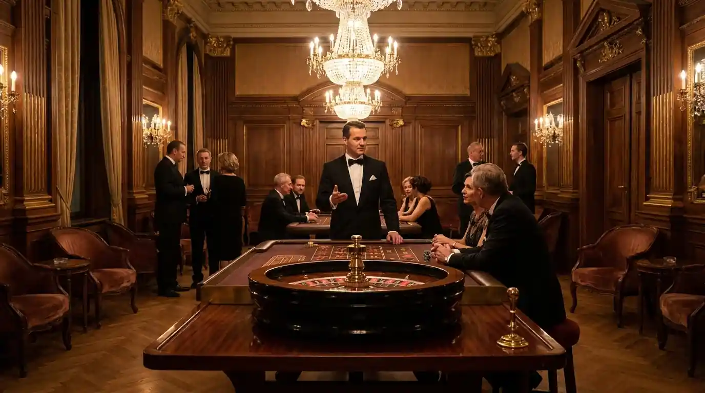 Ein eleganter Roulettetisch in einer landbasierten deutschen Spielbank mit einem Croupier