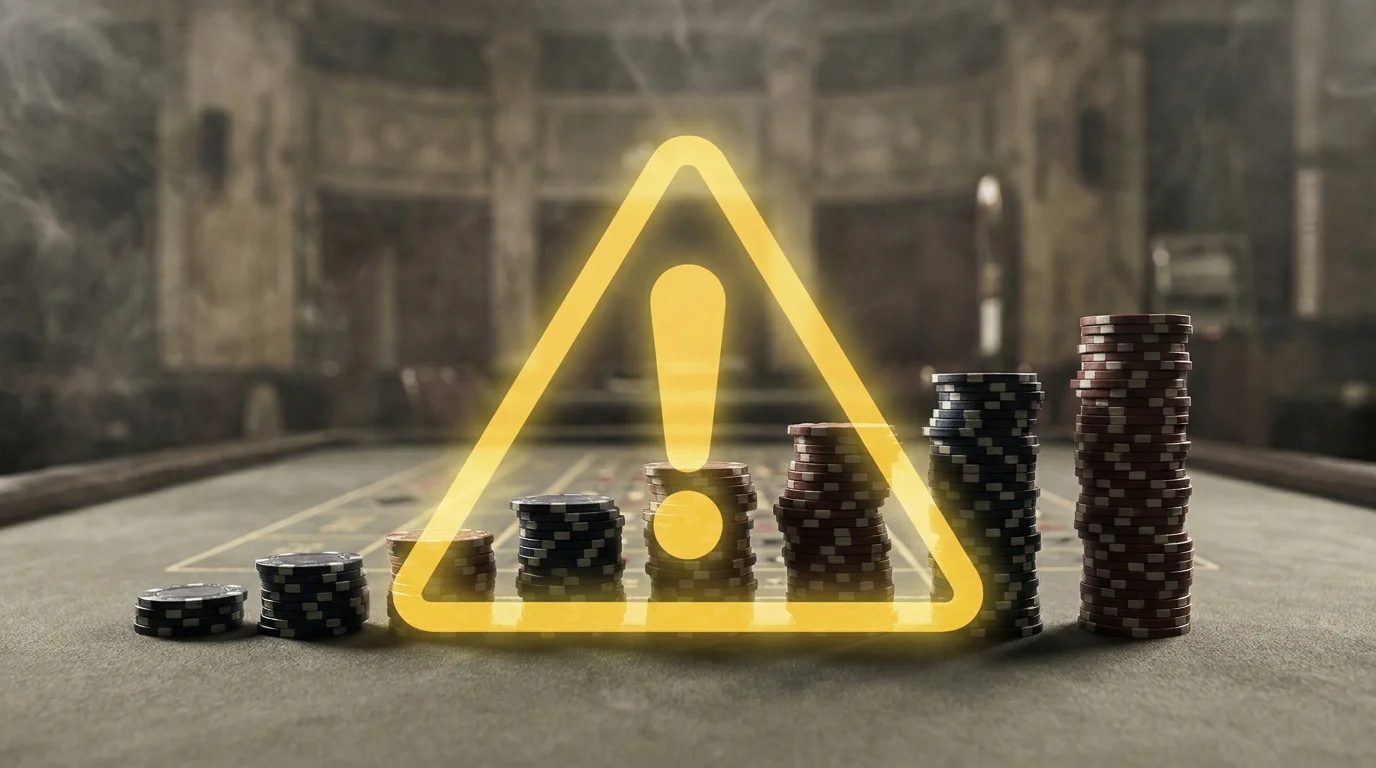 Eine Reihe steigender Spielchips als Symbol für das Martingale-System, überlagert von einem Warnsymbol