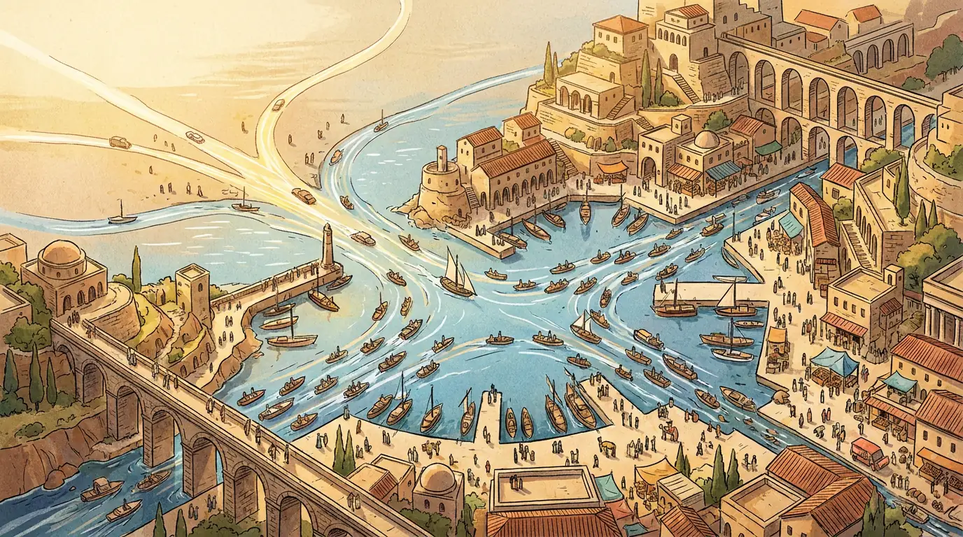 Konzeptbild: ein mediterraner Hafen als Knotenpunkt, in dem viele Wege und Ströme zusammenlaufen, geschäftiges aber geordnetes Bild, warmes Licht, keine Schrift, keine Logos, editorialer Stil