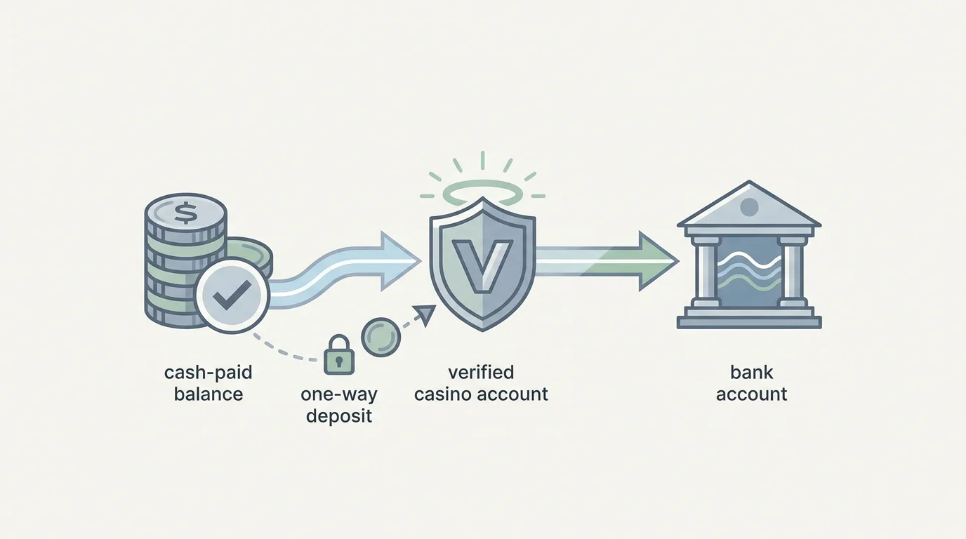 Ein Pfeil führt von einem Voucher-Guthaben über ein geprüftes Casino-Konto zu einem Bankkonto als Sinnbild der Auszahlung per Überweisung.