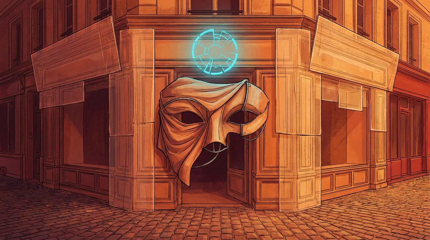 Konzeptbild: ein Ladenlokal, das die Fassade eines bekannten nachahmt, mit einer angedeuteten Maske als Zeichen der Täuschung, warme Farben mit einem kühlen Warnakzent, keine Schrift, keine Logos, editorialer Stil