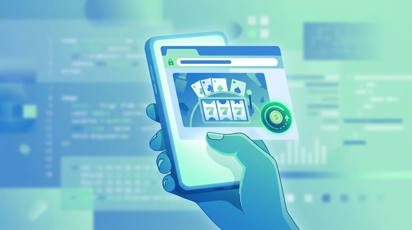 Hand hält ein Smartphone, auf dem ein Casino im mobilen Browser läuft, mit einem kleinen Startguthaben-Symbol