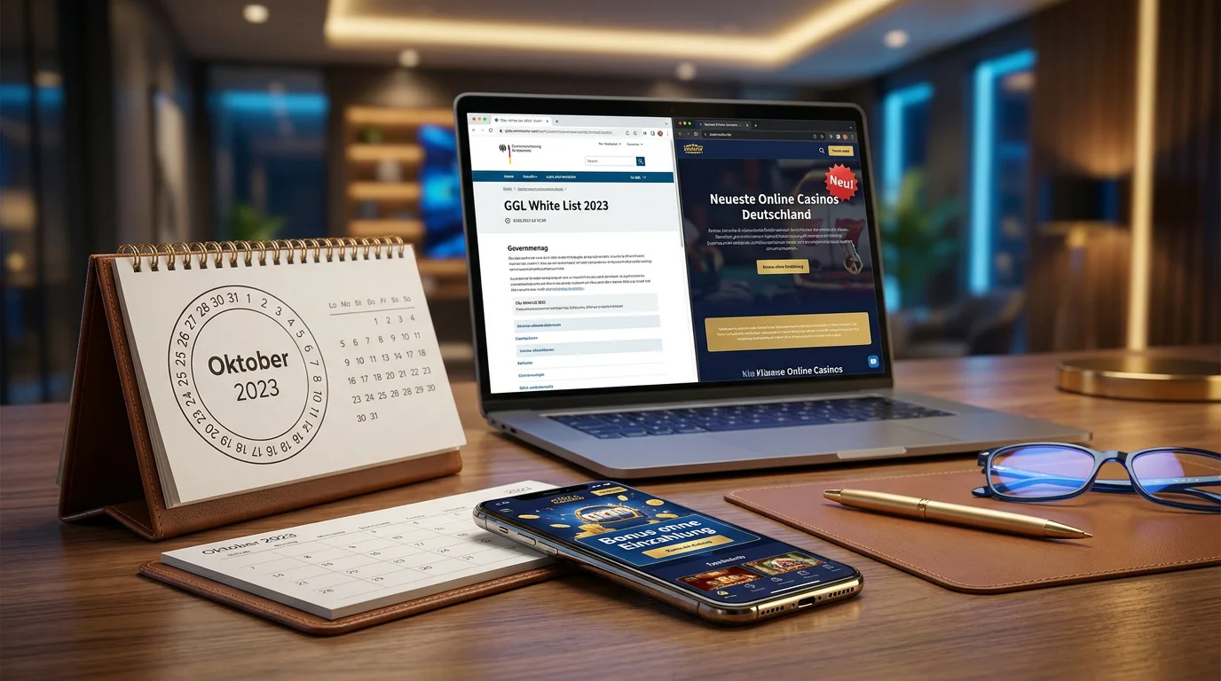 Aktueller Kalender und die GGL-Whitelist auf einem Bildschirm neben einem frisch gestarteten Online-Casino